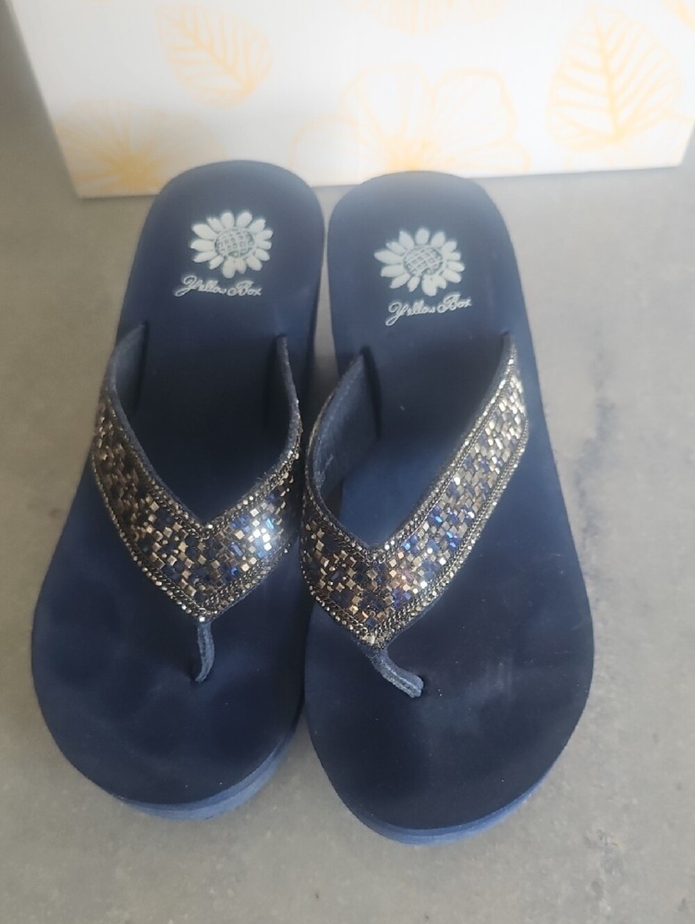 Yellow Box Navy Beaded Wedge Thong Sandals - Picture 2 of 10